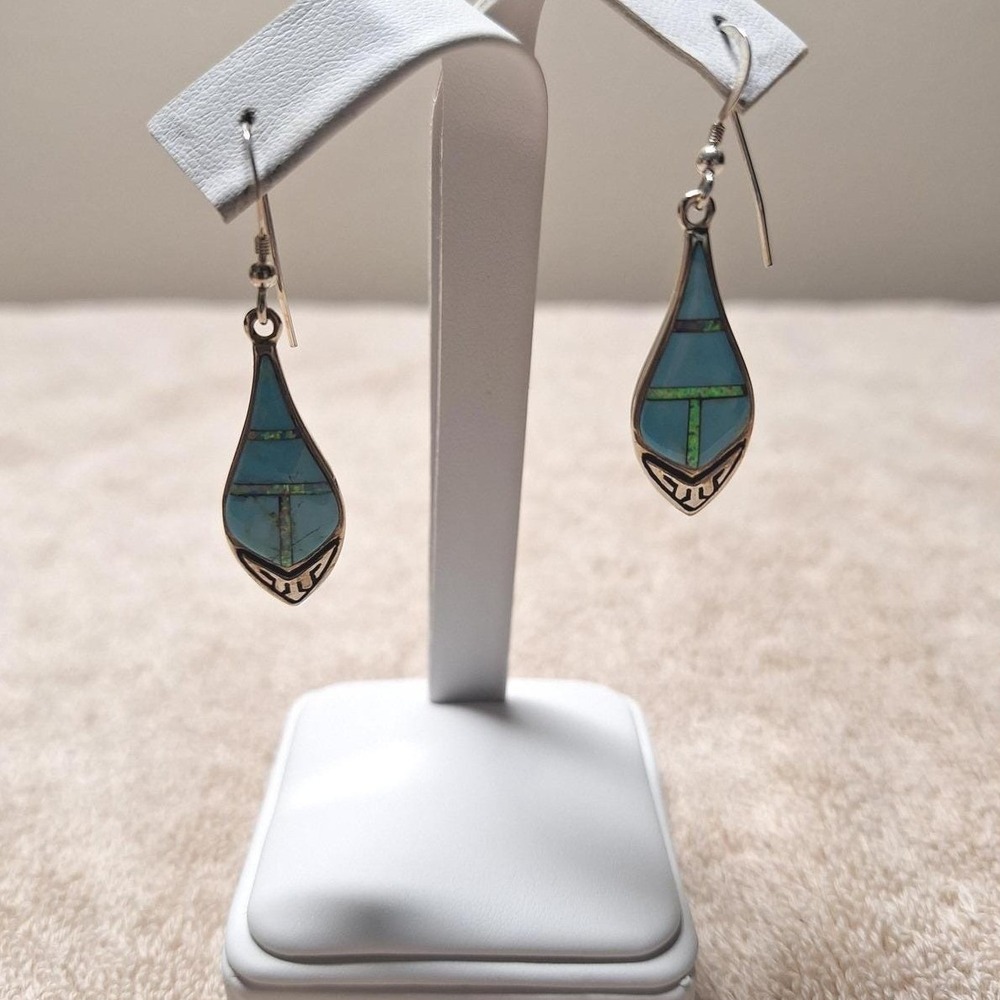 Southwestern turquoise earrings blue inlay dangle drop sterling silver